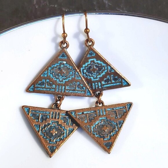 Antique Copper Verdigris Blue Green Patina Double Carved Triangles Earrings - Picture 1 of 7